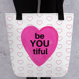 Allover Open Hearts w/ beYOUtiful in Pink Heart Tote Bag-Lt. Grey