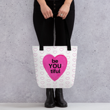 Allover Open Hearts w/ beYOUtiful in Pink Heart Tote Bag-Lt. Grey