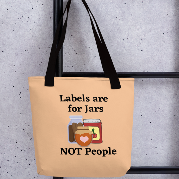 Labels Tote Bag w/ Pink Heart - Tan