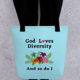 God Loves Diversity w/ Red Heart Tote Bags-Blue