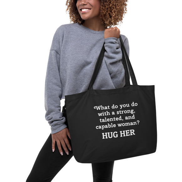 Strong Woman Hug X-Large Tote/Shopping Bag-Black